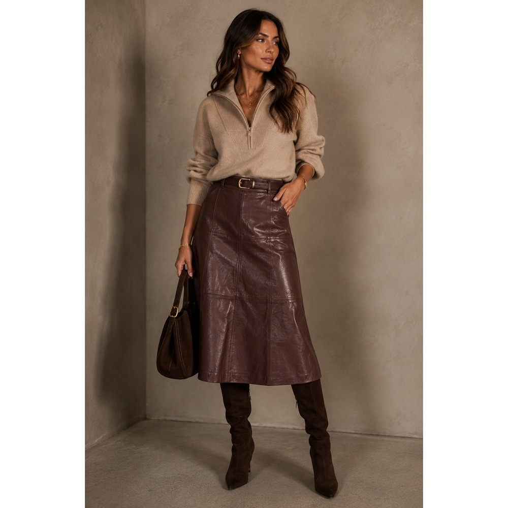 JILD Handcrafted Burgundy Paneled Leather Midi Skirt A-Line Lined Size M